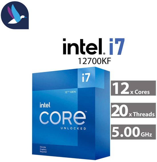 Intel i7-12700KF 12e generatie processor met 12 cores, 20 threads en 5.00 GHz.