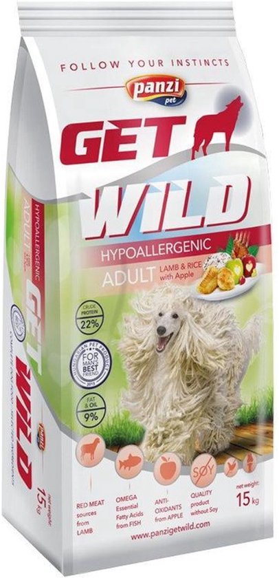 Get Wild - Hypoallergeen hondenvoer - Hondenbrokken voor middelgrote en grote honden met gevoelige darmen – Adult - Lam - 15kg