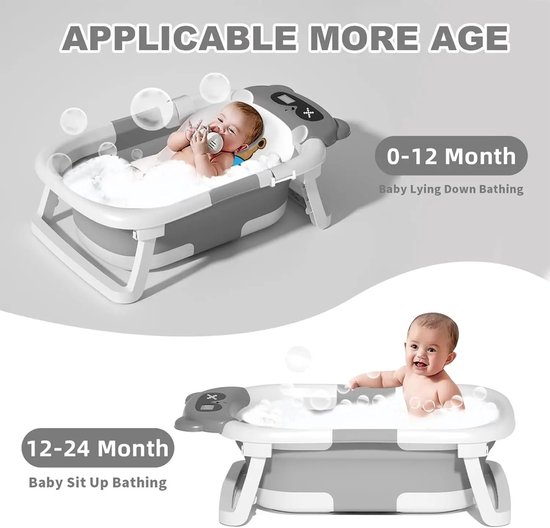 Baby Bad - Babybad - Met Ingebouwde Thermometer - Real Time Temperatuur - Met Kussen - Met Standaard - Inklapbaar - Grijs - Wit van Merkloos — afbeelding 4