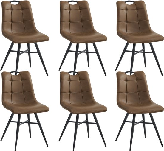Colenis® - Chaise de salle à manger Bloq - Set de 6 - Cognac - Tissu PU - Industriel - Chaise confortable pour salle à manger ou Cuisine