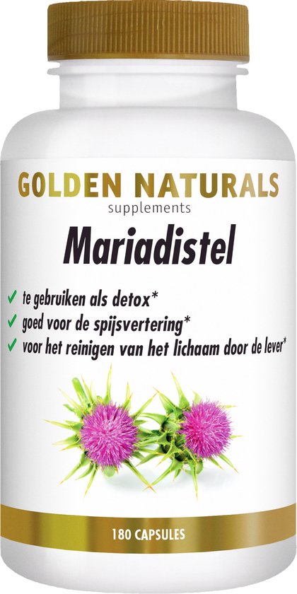 Golden Naturals Mariadistel supplement met 180 capsules. Twee paarse distelbloemen op de voorkant.