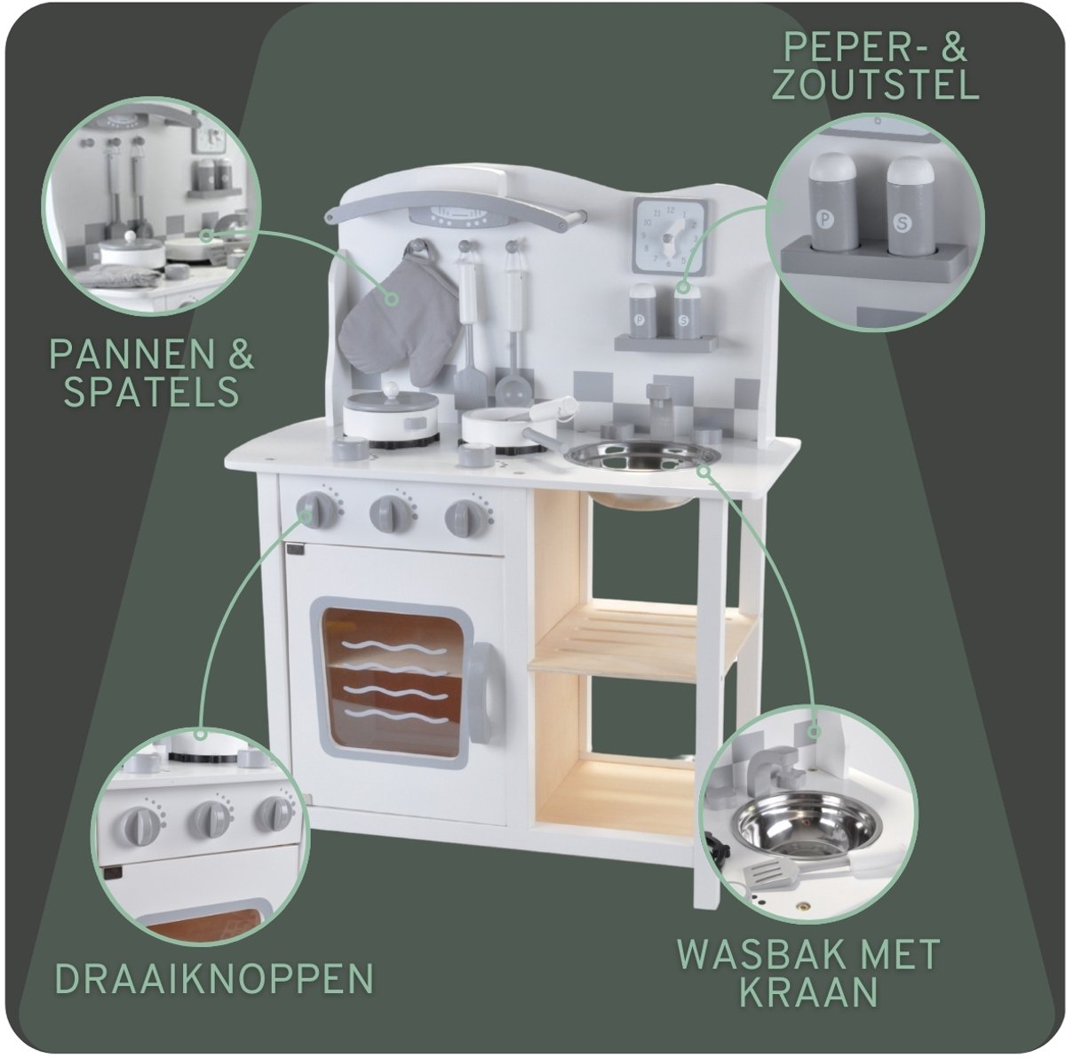 Bandits & Angels Houten Kinderkeuken Chef Deluxe White vanaf 2 jaar voor Jongens en Meisjes - Aanrechthoogte 46 cm - incl. 8 Accessoires - Kinder Keuken Wit - Keukentje Hout — afbeelding 2