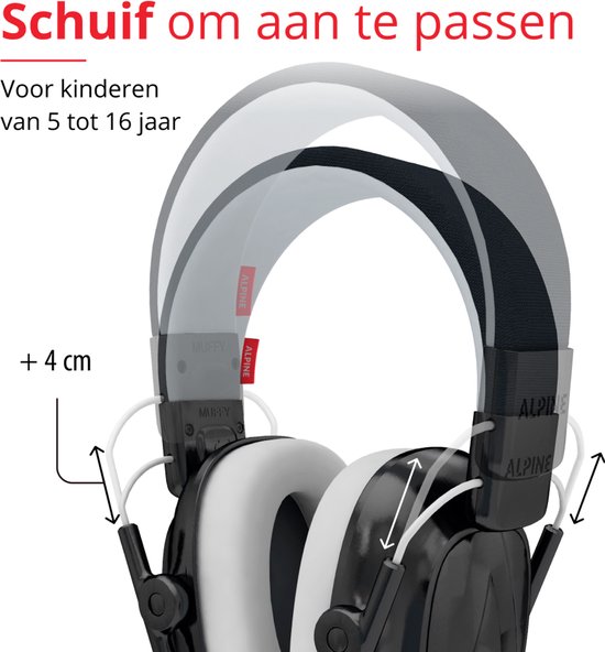 Verstelbare zwarte gehoorbeschermers voor kinderen van 5 tot 16 jaar, met +4cm aanpassing.