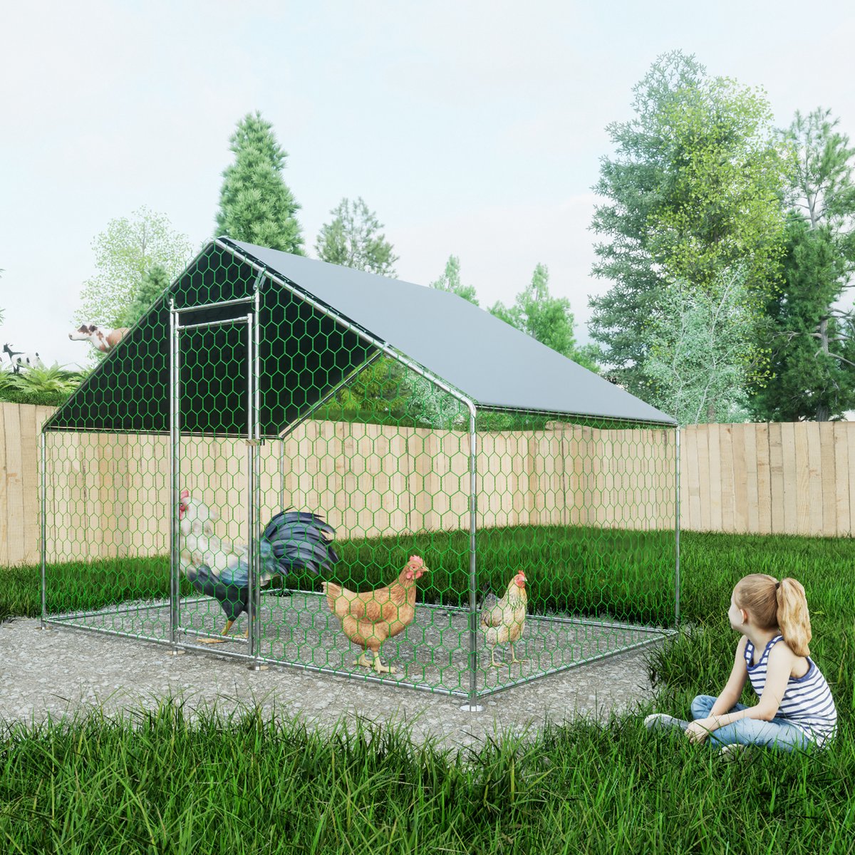Kippenren buitenren - 3 x 2 x 2 m - met slot van verzinkt staal en waterdichte PE-kleurdoek - dierenhok - veel ruimte voor kippen