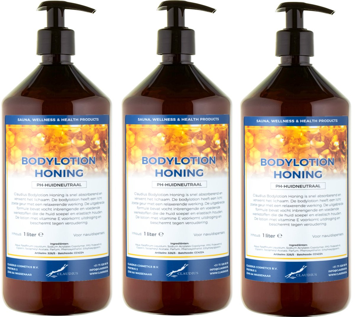 Bodylotion Honing 1 Liter - met gratis pomp - set van 3 stuks