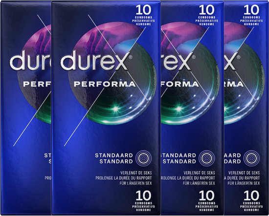 Durex Performa condooms in voordeelverpakking van 4x10 stuks. Blauwe verpakking met tekst "PERFORMA" en "VERLENGT DE SEKS".
