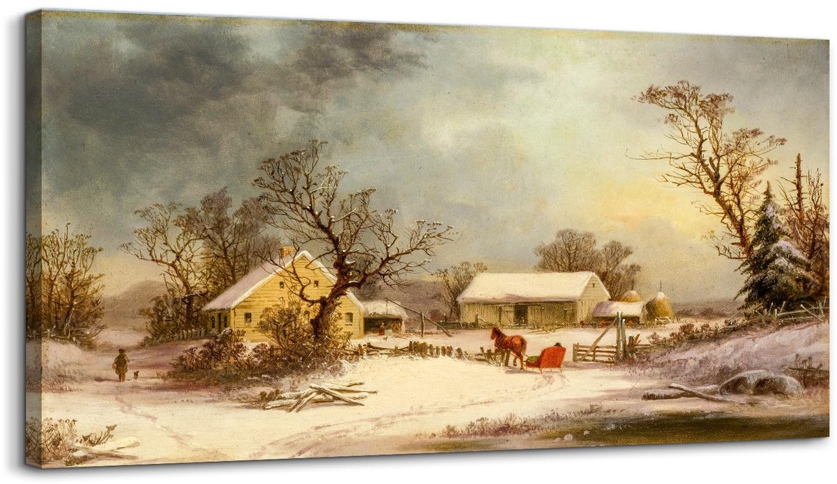Ibenzoa Betoverende Vintage Canvas Wanddecoratie met Winterlandschap voor Sfeervolle Interieurs, 50 x 100 cm Wintertijd op de boerderij
