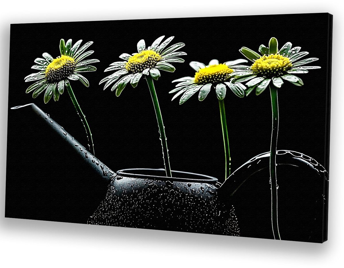 Bloemen in gieter met druppels - Bloemen schilderij - Canvas gieter - Hyperrealisme - Klas