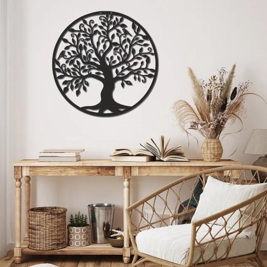 Art mural arbre de vie en métal noir, silhouette, 40x40cm.
