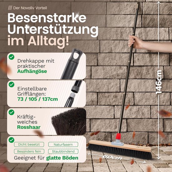 Novaliv Grote Bezem Zaalbezem 60 cm met Steel Borstels Paardenhaar Bezem inclusief Veegset verzinkt met rubberen lip bestaande uit stoffer en blik handveger fijne werkplaatsbezem industriële bezem met steel van Novaliv — afbeelding 4