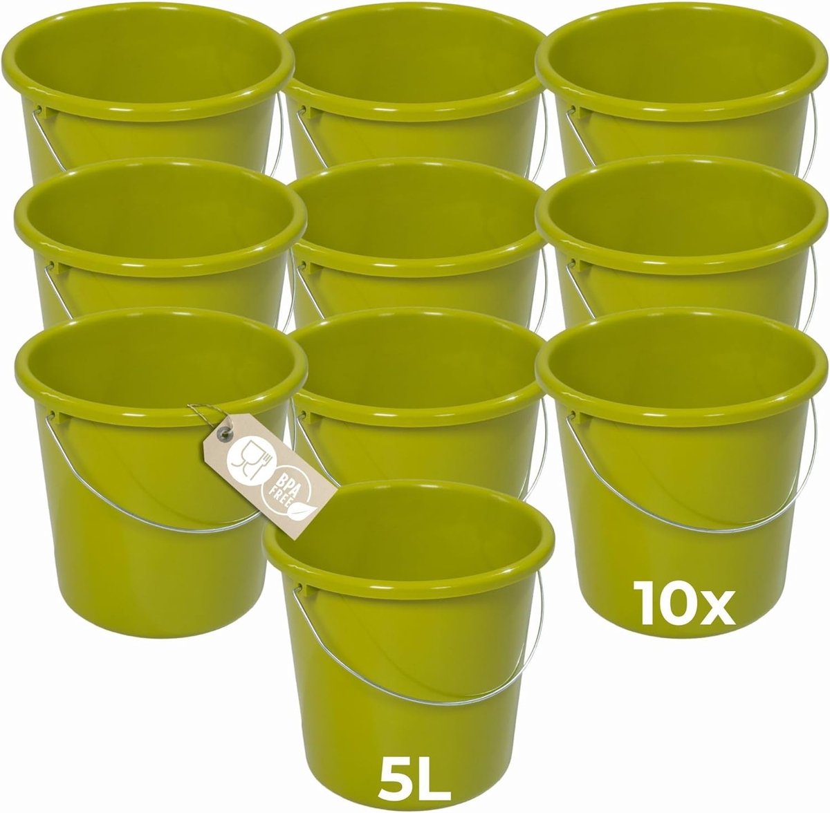 Novaliv 10 stuks emmer 5L groen met maatverdeling - schoonmaak emmer 5 liter? 22,5 cm Praktische alleskunner met schaalverdeling voor huishouden & tuin ideaal als huishoudemmer, wateremmer, dweilemmer, emmer