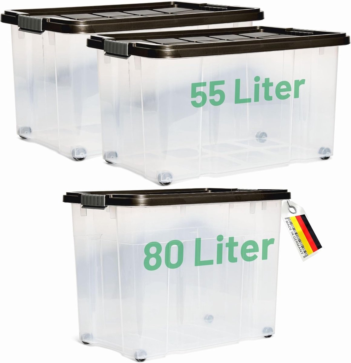 Novaliv 3-delige set opbergdozen met deksel, antraciet, 1x80 L + 2x 55 L, nestbaar, stapelbaar, clipsluiting, roldozen, BPA-vrij