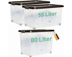 Novaliv 3-delige set opbergdozen met deksel, antraciet, 1x80 L + 2x 55 L, nestbaar, stapelbaar, clipsluiting, roldozen, BPA-vrij