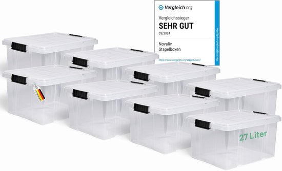 Novaliv 8x opbergdozen met deksel 27L transparant nestbaar stapelbaar opbergdozen met clipsluiting kunststof doos BPA-vrij 46,5x36,5x24 cm