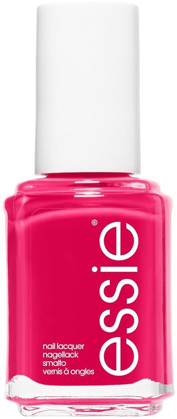 Essie nagellakflesje met felroze lak. De tekst 'nail lacquer' is zichtbaar.