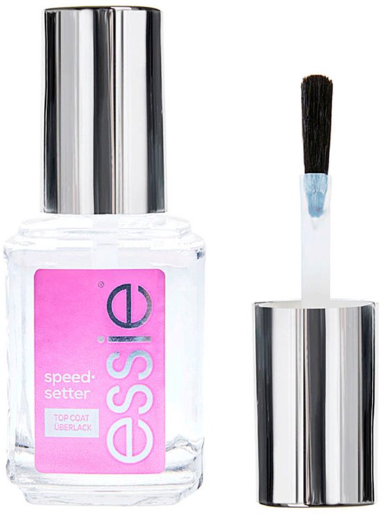 Essie Speed Setter Top Coat nagellak met zilveren dop en paars/roze label. De kwast is uit de fles.