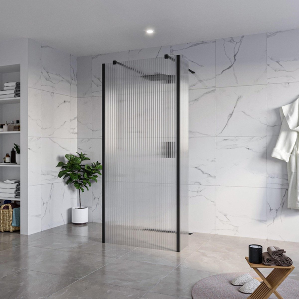 FugaFlow Eccelente Vetro Vrijstaande inloopdouche badkamer - 90x200cm - Helder geribbeld - antikalk - 8mm veiligheidsglas - 2 zijwanden 40cm - met wandarmen en hoekprofielen - Zwart mat -