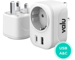 Valu Reisstekker Engeland & UK - Reisadapter Type G met USB-C en USB-A - Wereldstekker Groot Brittannië - Reissnoer - 3250W - Wit
