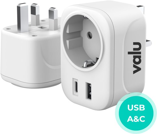 Twee witte reisstekkers met twee USB-poorten, met de tekst 'USB A&C'.