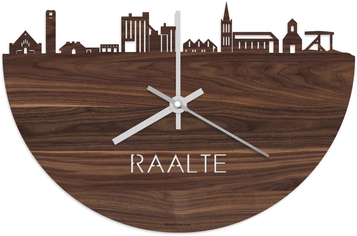 Skyline Klok Raalte Notenhout - Ø 40 cm - Stil uurwerk - Wanddecoratie - Meer steden beschikbaar - Woonkamer idee - Woondecoratie - City Art - Steden kunst - Cadeau voor hem - Cadeau voor haar - Jubileum - Trouwerij - Housewarming - WoodWideCities