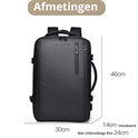 Zwarte Caimco rugzak met afmetingen: 30cm breed, 46cm hoog, 14cm diep (uitbreidbaar tot 24cm).