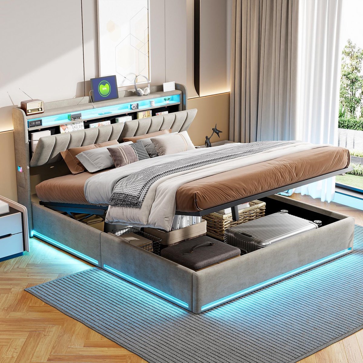NMONET Gestoffeerd bed met opbergruimte 160x200cm, tweepersoonsbed - fluweel, lattenbodem van massief hout, ledverlichting, opbergvakken, dubbele USB-poorten - Grijs