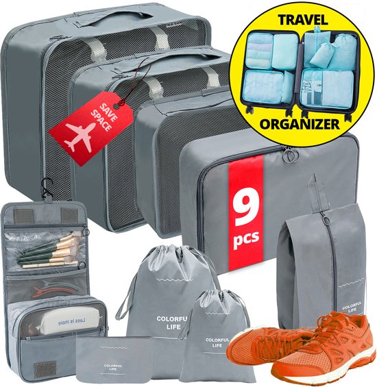 Set de rangement de voyage efficace de 9 pièces - Grijs