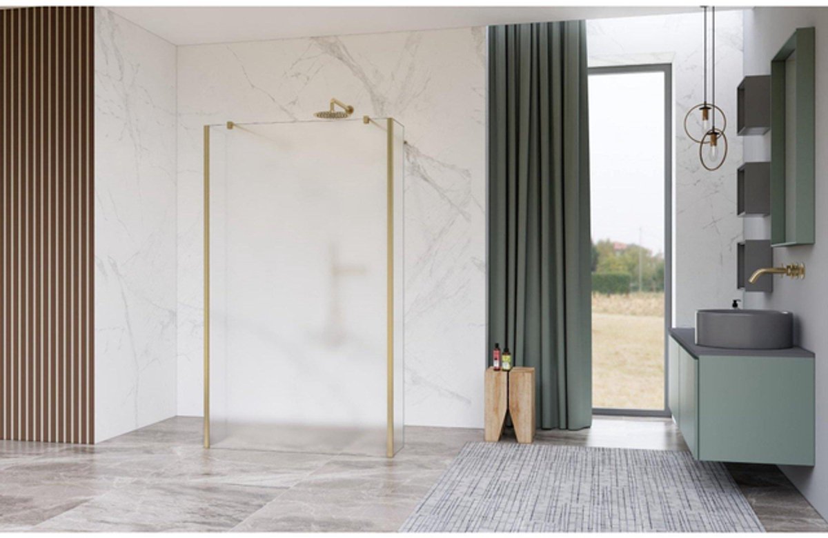 FugaFlow Eccelente Vetro Vrijstaande inloopdouche badkamer - 120x200cm - Glas mat - antikalk - 8mm veiligheidsglas - met wandarmen - Messing geborsteld (goud) -