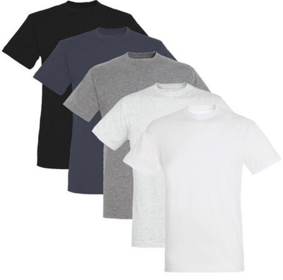 5 Pack Sol's Heren T-Shirt 100% biologisch katoen Ronde hals Zwart, Donker Grijs, Grijs / Lichtgrijs gemeleerd, wit Maat L