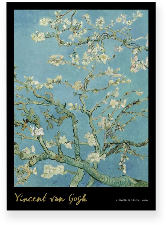 Poster 20x30 cm - Amandelbloesem - Vincent van Gogh - Bloesemtakken - Blauw - Zwart - Postimpressionisme - Botanisch - Muurdecoratie - Wanddecoratie