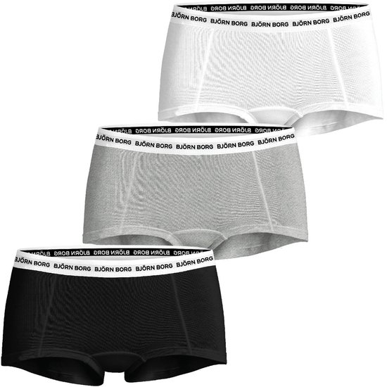 Drie Björn Borg boxershorts in wit, grijs en zwart, met transparante stof op de middelste boxer.