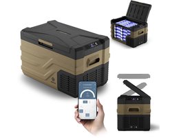 PEME Quest Elektrische Koelbox, 26.8 liter, 12V, 220/230 Volt AC/DC, Compressor Koelbox Aansluiting voor Auto en Camping, Thermo-elektrisch Frigobox - lichtbruin met Bluetooth 5.0 en Mobiele App, LCD-paneel en ECO-functie