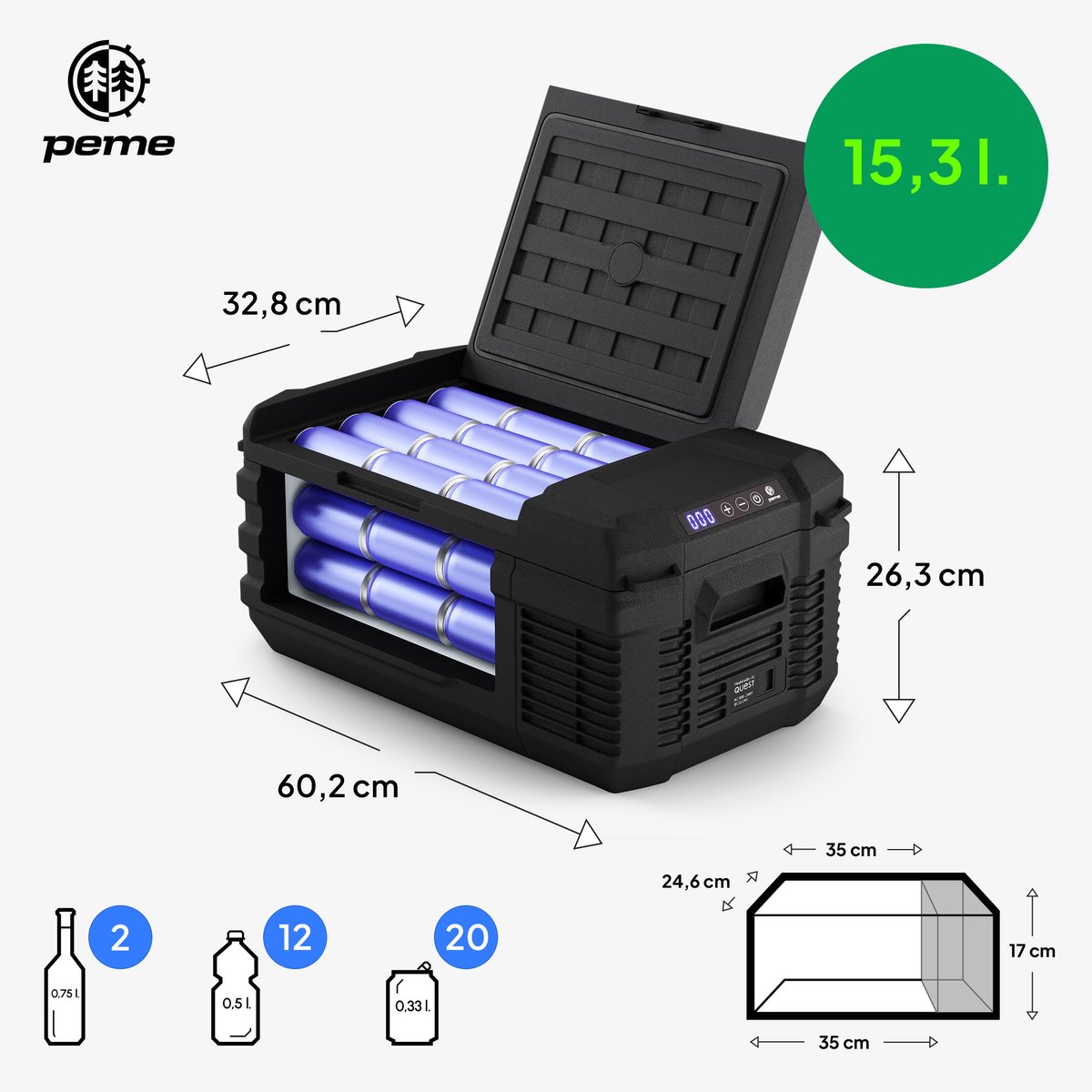PEME Quest Elektrische Koelbox, 15.3 liter, 12V, 220/230 Volt AC/DC, Aansluiting voor Auto en Camping, thermo-elektrisch Frigobox - Zwart Dark Sky – foto 4