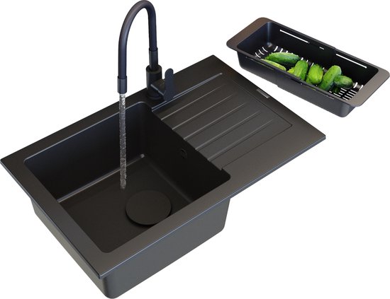 Cecipa Max Zwarte Quartz Spoelbak 50x45cm 1 Spoelbak Granieten Spoelbak Keukenkranen Met Uittrekbare Douche Zwarte Spoelbakmengkraan