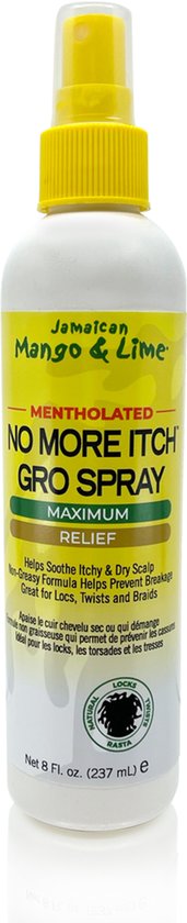 Jamaican Mango & Lime No More Itch Gro Spray, 237 ml. Witte sprayfles met gele dop. Mentholated, non-greasy formula voor roos en droge hoofdhuid.