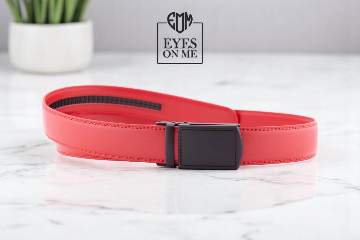 Rode lederen riem zonder gaatjes met automatische gesp voor heren ( Model L023 )