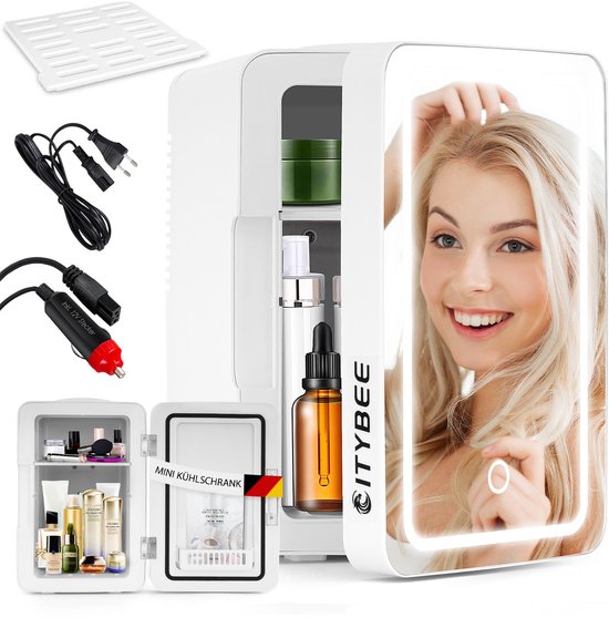 KFO Draagbare spiegelende schoonheidskoelkast met ledverlichting, 6 liter draagbare mini-koelkast voor make-up, 4 liter/6 kan 3 led-spiegellichtmodi, voor make-up opslag