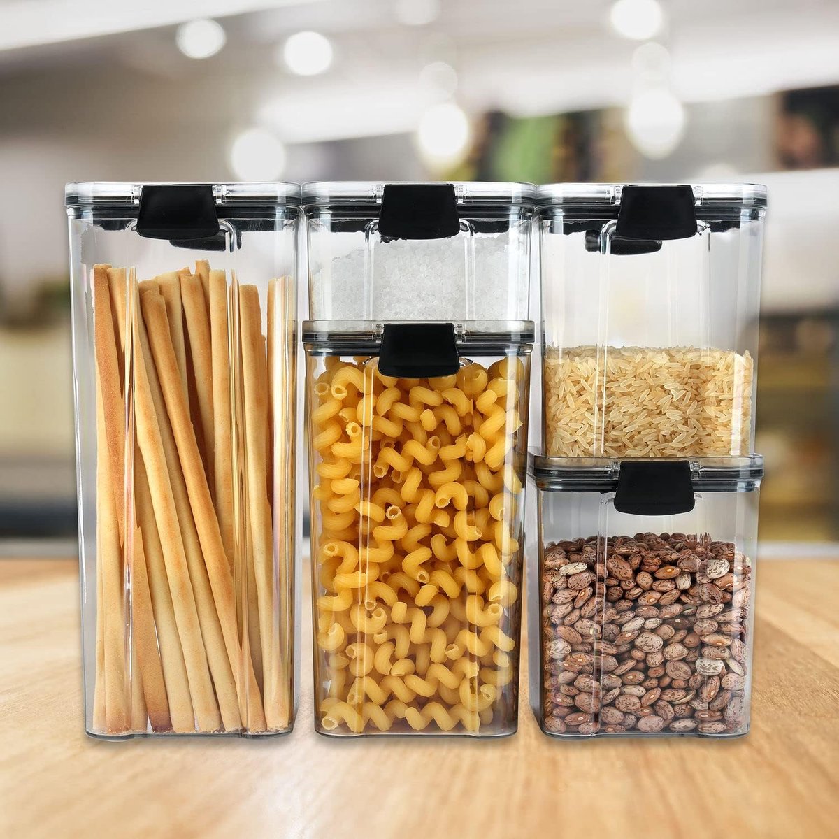 IBBO® - Luchtdichte Voorraadbussen Set – 5-delig – Transparant met Zwarte Klikdeksel – Voor Pasta, Rijst, Bonen & Meer – Stapelbaar & BPA-vrij