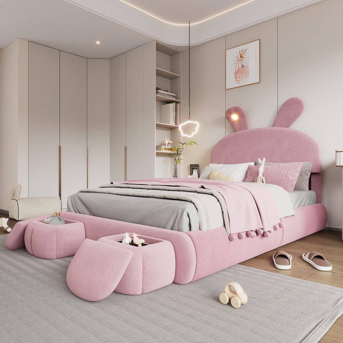 Merax Kinderbed - tweepersoonsbed - konijnenoren met instelbare helderheid - met opbergruimte - 2 opbergkrukken - roze - 140x200cm - zonder matras