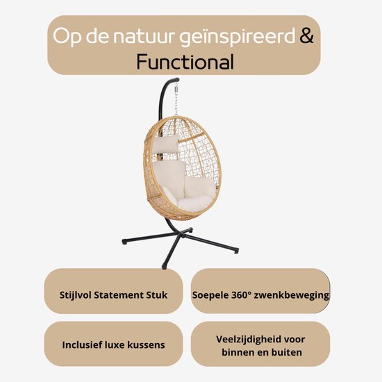 Izabell Hangstoel met stalen frame en groot kussen, XXL schommelstoel en hangmat voor binnen en buiten, van jutezakken van koffiebranderijen, Coffee Swing (beige 2