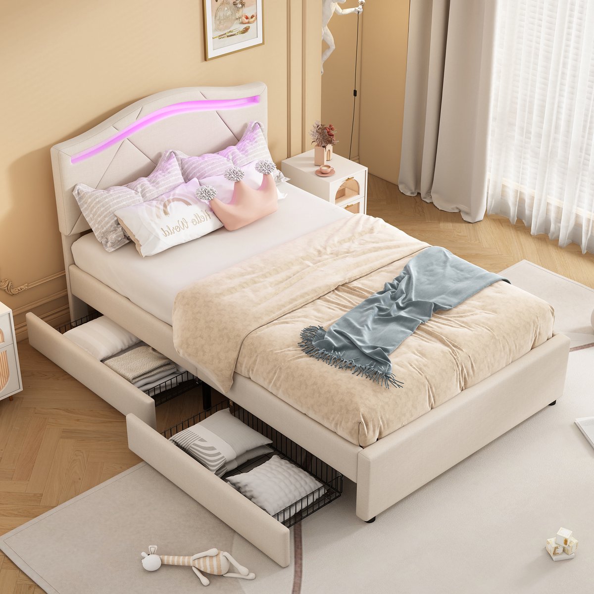 SINGULARITY Gestoffeerd bed - 90x200cm- met lattenbodem (zonder matras) - met verlichting - met twee laden - verstelbaar hoofdeinde - linnen - Beige