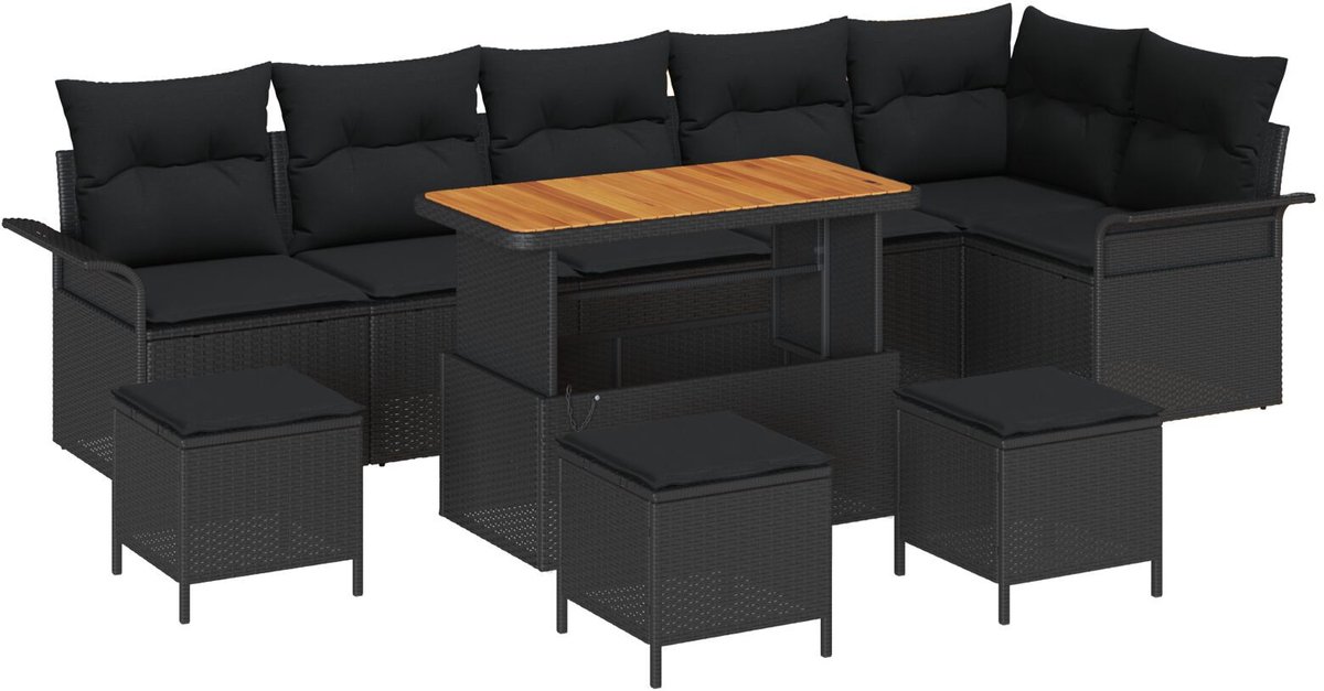 vidaXL - Tuinbank - Set - met - kussen - met - opslag - 9 - pcs - Zwart