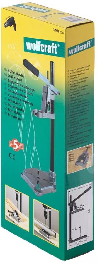 Doos van Wolfcraft met een afbeelding van een boorstandaard, teksten in meerdere talen.
