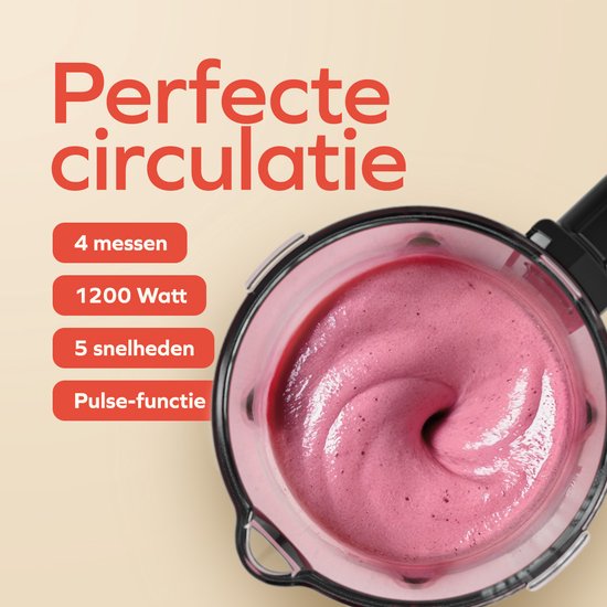 Close-up van roze smoothie in blender, met tekst 'Perfecte circulatie 4 messen 1200 Watt 5 snelheden Pulse-functie'.