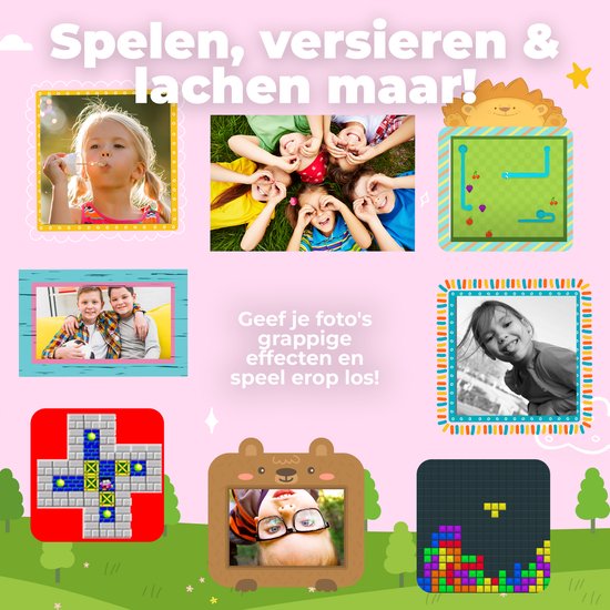 Collage met speelse foto's en spelletjes, tekst 'Spelen, versieren & lachen maar!'