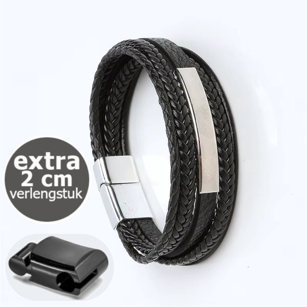 KHRONOX® Armband, Armband Heren, kh02 21 cm ZWART, Roestvrij Staal, Armbanden, Leren Armband Heren, Leren Armband, Leren Armbanden, Armbandje, Kunstleer, Mannen, Magnetische Sluiting, + 2 CM Verlengstuk, Verjaardag, Vaderdag, Valentijnsdag, Cadeautje