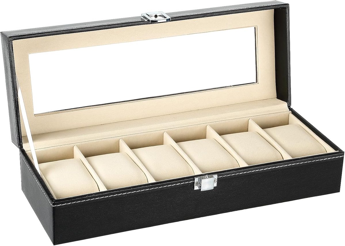 Uten Luxe Horlogedoos - HorlogeBox Heren Dames - Sieradendoos - 6 vakken - Beige Zwart