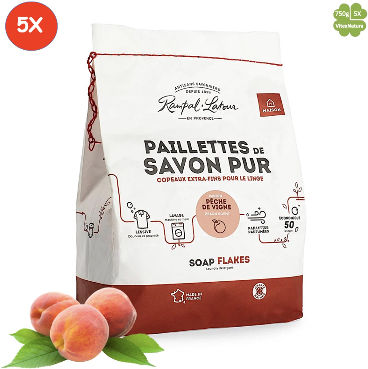 Marseille zeepvlokken perziken geur 5x 750g | Rampal Latour | Zuinig Ecologisch Milieuvriendelijk Hypoallergeen | Zonder conserveermiddel