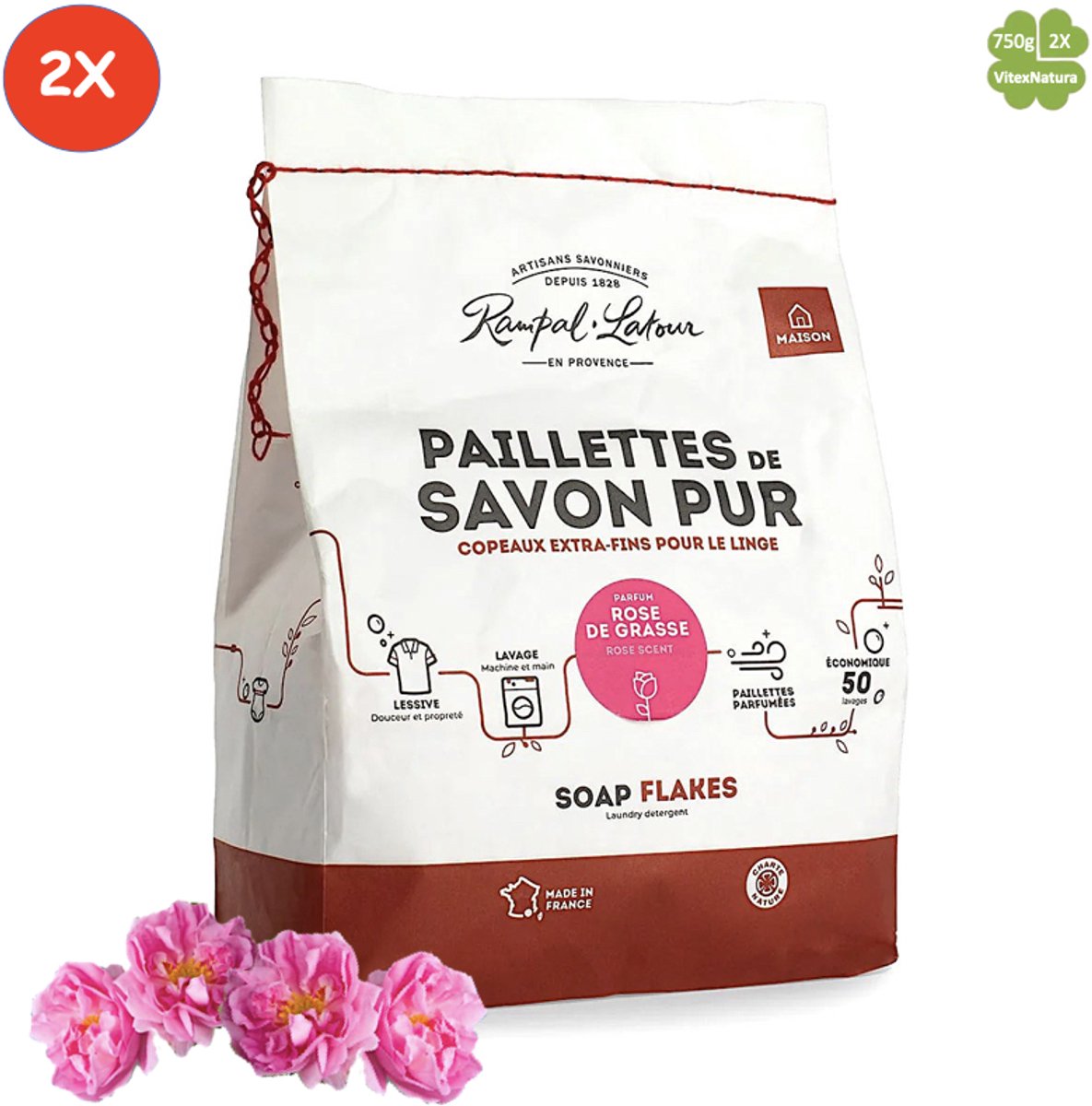 Marseille zeepvlokken rozen geur 2x 750g | Rampal Latour | Zuinig Ecologisch Milieuvriendelijk Hypoallergeen | Zonder conserveermiddel