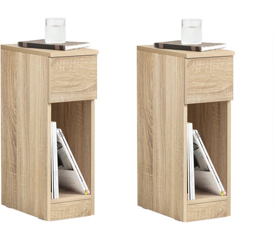 SoBuy Nachtkastje Set van 2 – Smalle Bijzettafels met Lade – Naturel, 20x60x35 cm, FBT111-Nx2 – voor Slaapkamer of Woonkamer